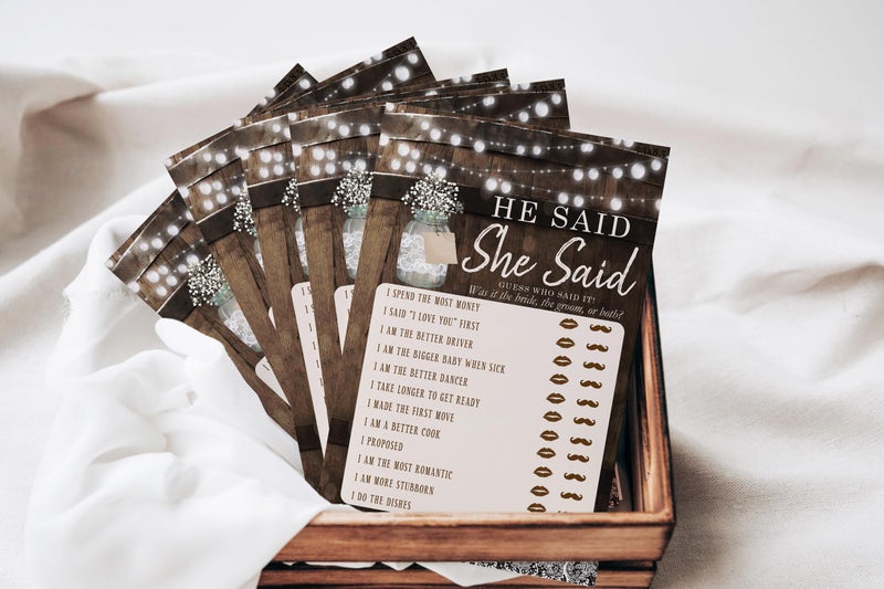 Your Main Event Prints Bridal Shower Bachelorette Games, Rustic Wood Barrel Mason Jar, He Said She Said, Find The Guest Quest, Would She Rather, Phone Game, 25 games each - Image 5